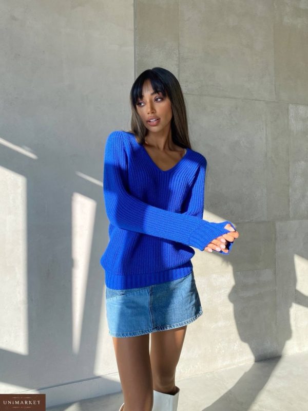 Купити синій Безшовний в'язаний светр жіночий на зиму дешево