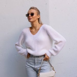 Заказать белый женский Бесшовный вязаный свитер онлайн дешево