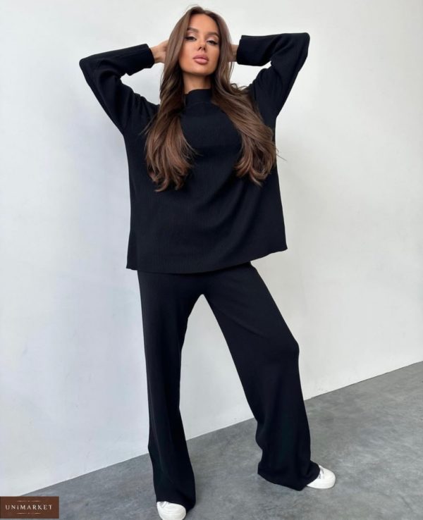 Купить на зиму черный женский Теплый костюм в рубчик с начесом онлайн