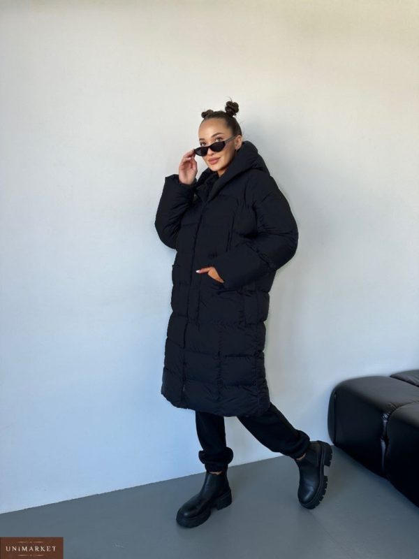 Купити в Україні чорну жіночу подовжену куртку з капюшоном