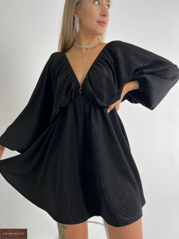 Купить черное блестящее Объемное платье из люрекса по скидке