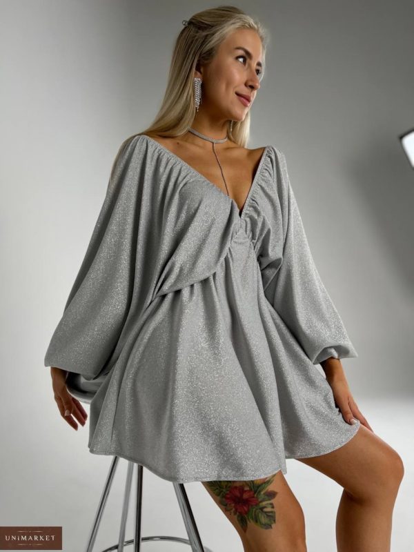 Купить онлайн серебристое Объемное платье из люрекса для женщин нарядное