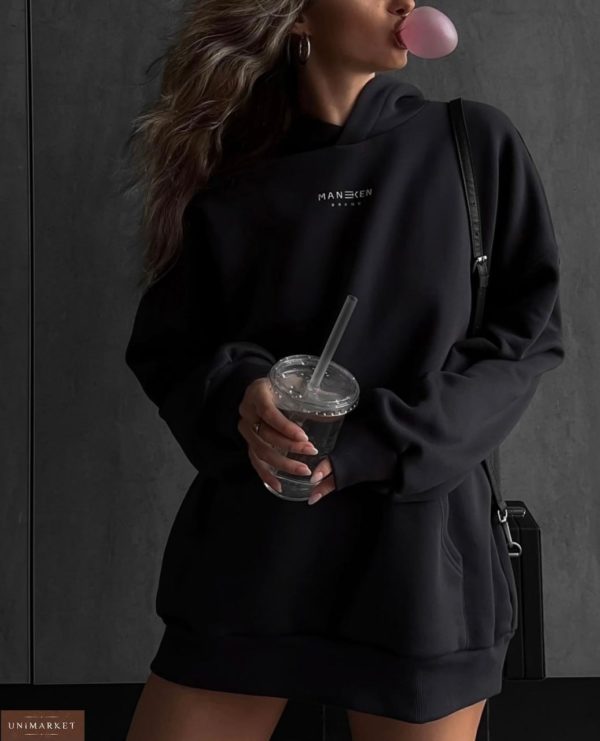 Замовити онлайн чорного кольору Подовжений худі з капюшоном для жінок