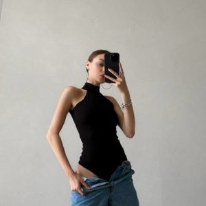 Приобрести Купить женский боди с коротким рукавом черного цвета из микродайвинга хорошего качества по низкой цене в Украине
