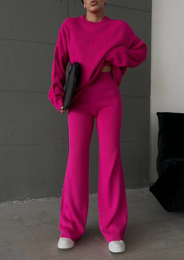 Приобрести заказать Купить женский вязанный костюм светлый хорошего качества в рубчик с широкими штанами палаццо недорогой в Украине розовый