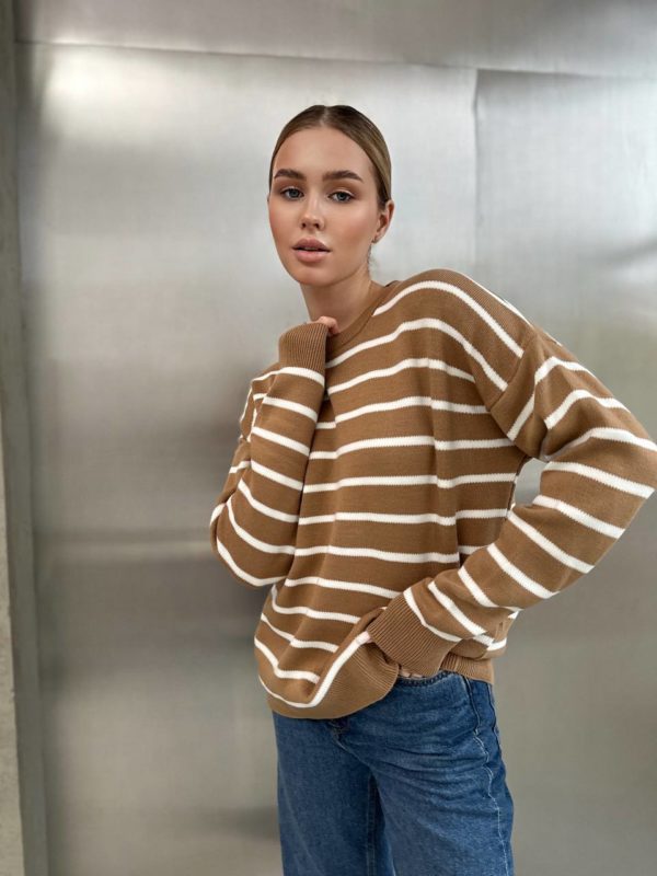 Купить женский полосатый свитер хорошего качества не дорогой в Украине коричневый