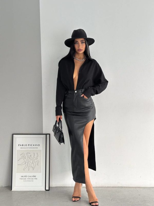 купить женскую юбку миди из экокожи хорошего качества черную в Украине недорого
