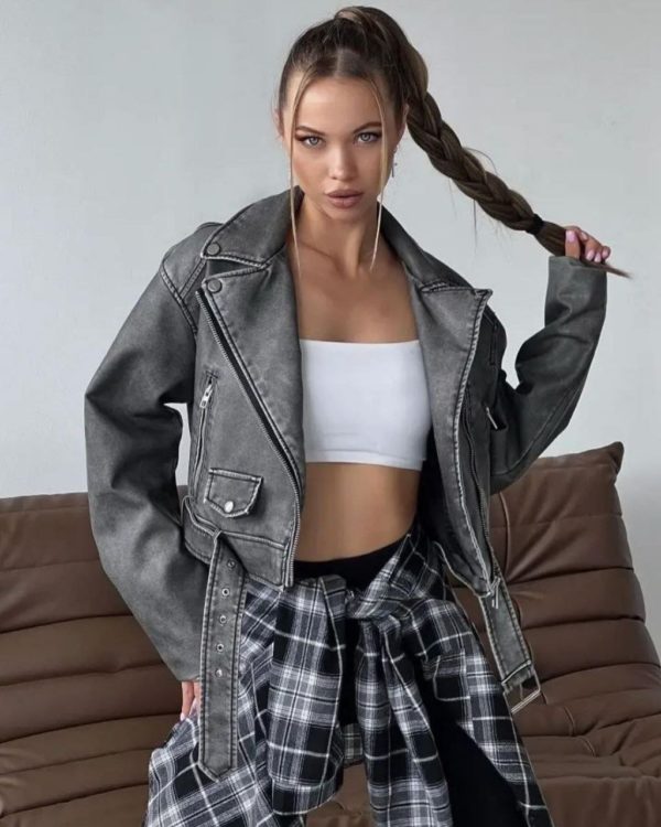 Заказать купить приобрести женскую куртку из экокожи серого цвета по хорошей недорогой цене в стиле винтаж в Украине хорошего качества