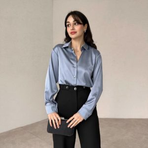 Купить женскую классическую шелковую рубашко хорошего качества по оптимальной цене недорогую бело голубого синего зеленого черного цвета в Украине
