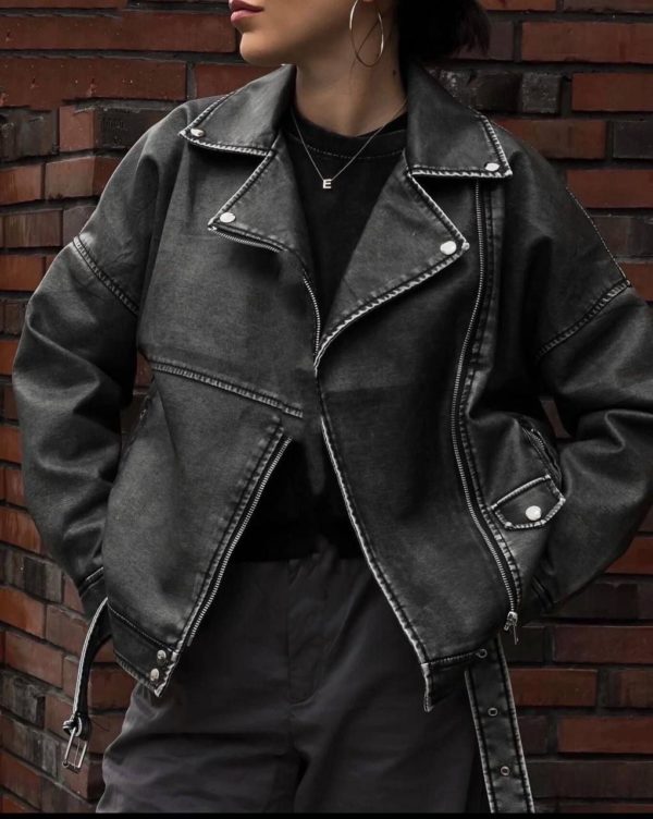 приобрести Купить женскую куртку косуху в стиле винтаж серого цвета по оптимальной цене недорогую хорошего качества из экокожи в Украине Украина