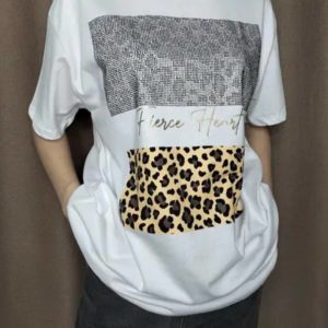 Купить женскую футболку с принтом хорошего качества по оптимальной цене недорогую светлую белого цвета тигровую леопардовую в Украине Украина котоновую котон